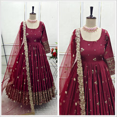 Decent Full Work Wine Color Long Gown