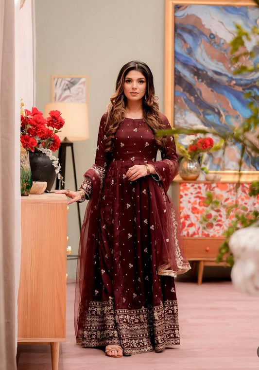 Decent Full Work Wine Color Long Gown