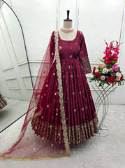 Decent Full Work Wine Color Long Gown