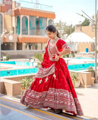 Reception Wear Heavy Work Red Color Lehenga Choli