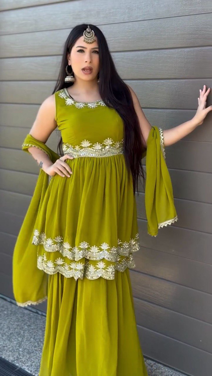 Presenting Sequence Work Georgette Green Color Sharara Suit