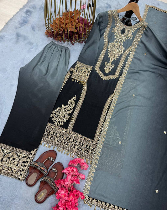 Grey Color Double Shaded Full Stitched Pakistani Suit