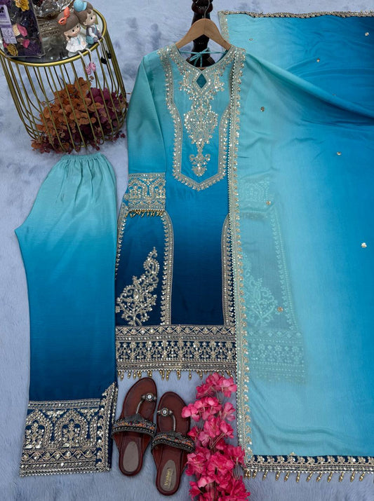 Blue Color Double Shaded Full Stitched Pakistani Suit