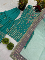 Rama Color Embroidery Sequence Work Sharara Suit