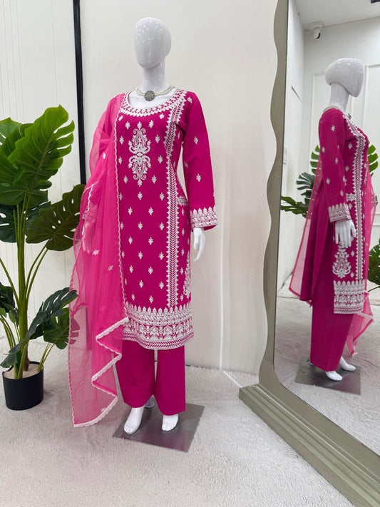 Presenting Chine Stitch Work Pink Color Palazzo Suit