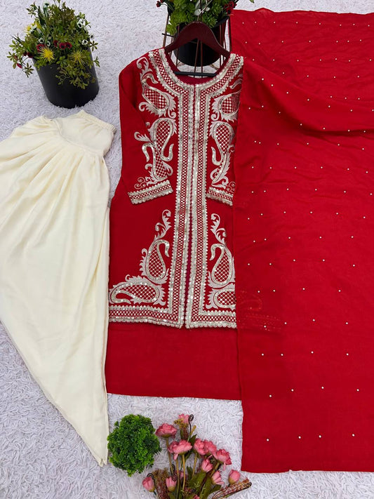 Amazing Heavy Sequence Work Red Color Dhoti Suit