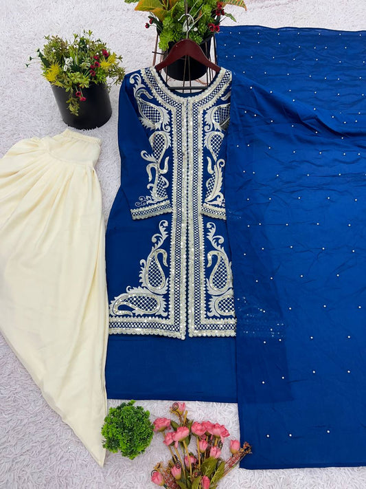 Amazing Heavy Sequence Work Navy Blue Color Dhoti Suit