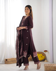 Wine Color Embroidery With Sequence Work Salwar Suit