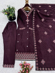 Wine Color Embroidery With Sequence Work Salwar Suit