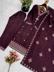 Wine Color Embroidery With Sequence Work Salwar Suit