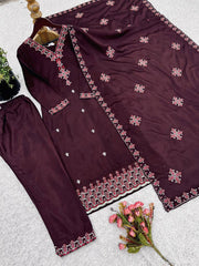 Wine Color Embroidery With Sequence Work Salwar Suit