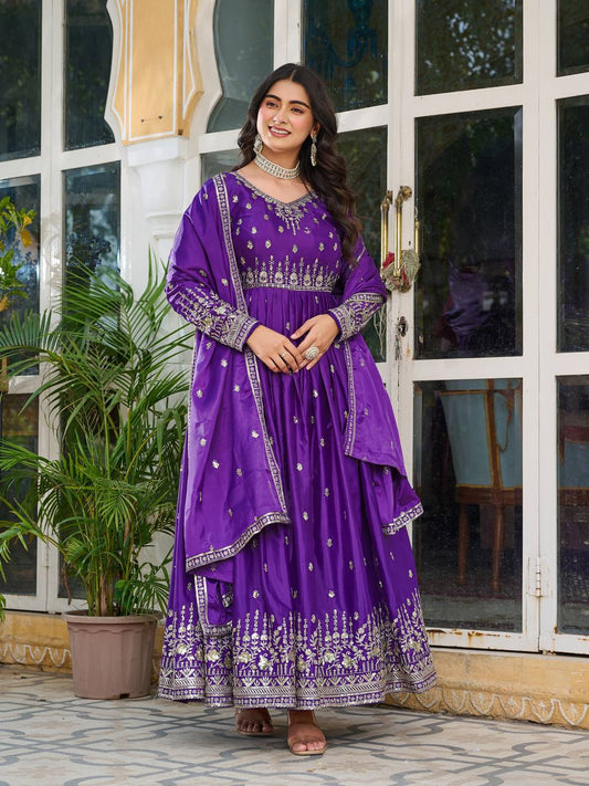 Wedding Wear Purple Color Sequence Work Long Gown