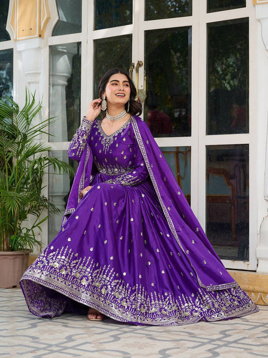 Wedding Wear Purple Color Sequence Work Long Gown
