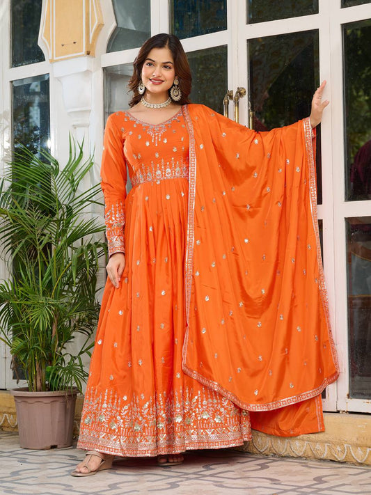 Wedding Wear Orange Color Sequence Work Long Gown