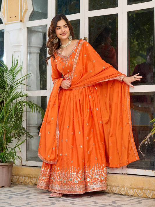 Wedding Wear Orange Color Sequence Work Long Gown