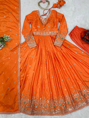 Wedding Wear Orange Color Sequence Work Long Gown