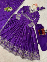 Wedding Wear Purple Color Sequence Work Long Gown
