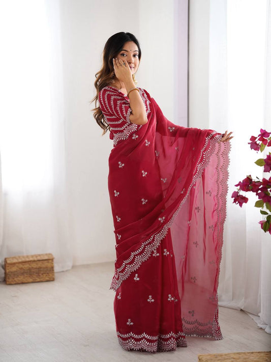 Maroon Color Thread With Sequence Work Designer Saree