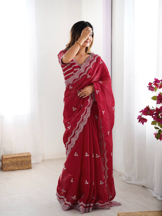 Maroon Color Thread With Sequence Work Designer Saree