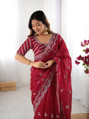 Maroon Color Thread With Sequence Work Designer Saree