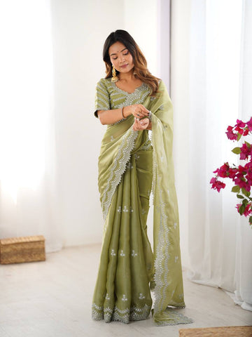 Green Color Thread With Sequence Work Designer Saree