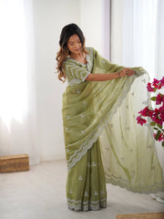 Green Color Thread With Sequence Work Designer Saree