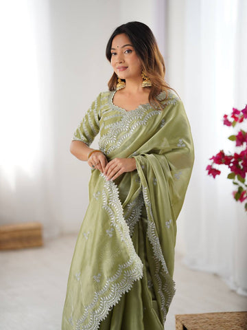 Green Color Thread With Sequence Work Designer Saree