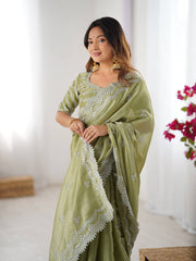 Green Color Thread With Sequence Work Designer Saree