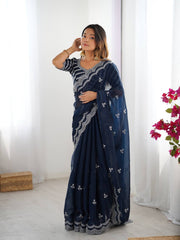 Navy Blue Color Thread With Sequence Work Designer Saree