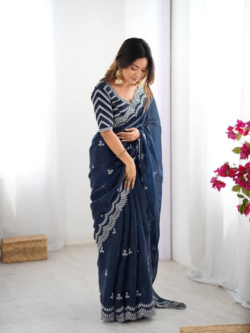 Navy Blue Color Thread With Sequence Work Designer Saree