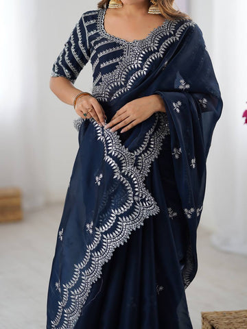 Navy Blue Color Thread With Sequence Work Designer Saree