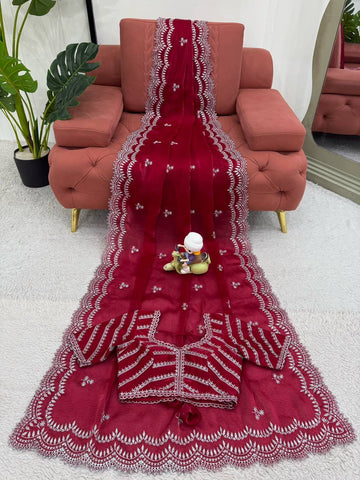 Maroon Color Thread With Sequence Work Designer Saree