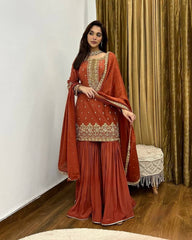 Good Looking Embroidery Work Brown Color Sharara Suit