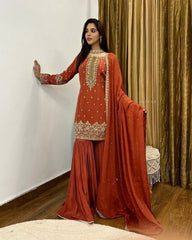 Good Looking Embroidery Work Brown Color Sharara Suit