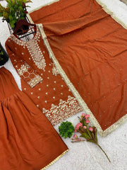 Good Looking Embroidery Work Brown Color Sharara Suit