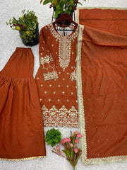 Good Looking Embroidery Work Brown Color Sharara Suit