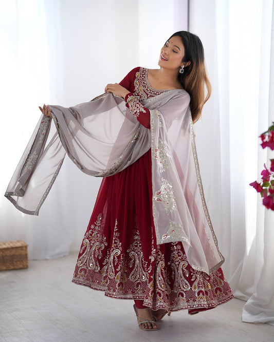 Maroon Color Multi Thread Work Gown With White Dupatta