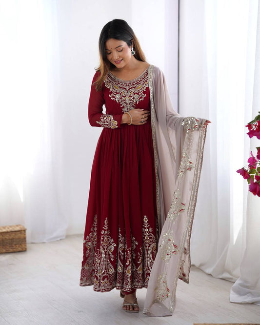 Maroon Color Multi Thread Work Gown With White Dupatta