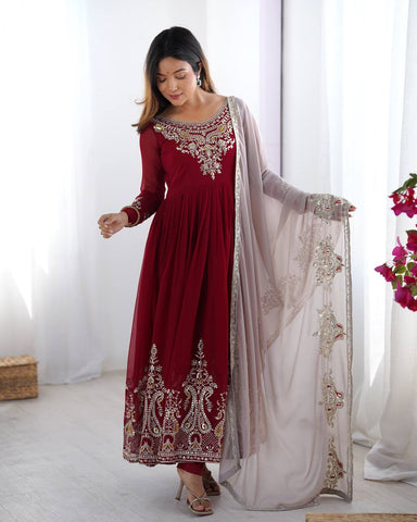 Maroon Color Multi Thread Work Gown With White Dupatta