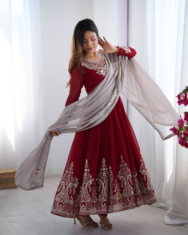 Maroon Color Multi Thread Work Gown With White Dupatta