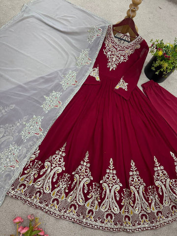 Maroon Color Multi Thread Work Gown With White Dupatta