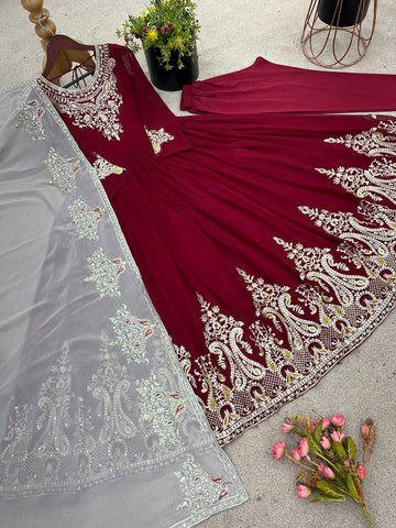 Maroon Color Multi Thread Work Gown With White Dupatta
