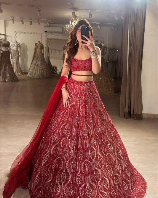 Heavy Thread Work Wedding Wear Red Color Lehenga Choli