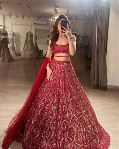 Heavy Thread Work Wedding Wear Red Color Lehenga Choli