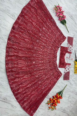 Heavy Thread Work Wedding Wear Red Color Lehenga Choli