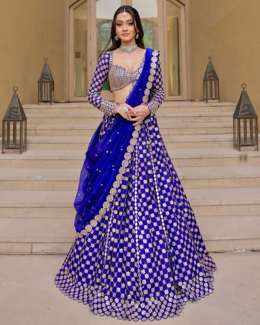 Embroidery With Sequence Work Blue Color Lehenga Choli