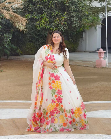 Stylish Multi Flower Print White Color Lehenga Choli