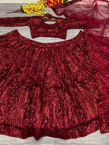 Beautiful Embellished Sequence Work Maroon Net Lehenga Choli