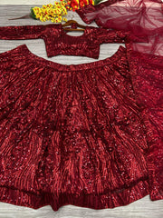 Beautiful Embellished Sequence Work Maroon Net Lehenga Choli