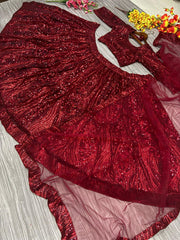 Beautiful Embellished Sequence Work Maroon Net Lehenga Choli